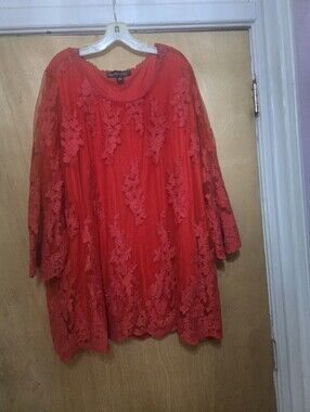 Colleen Lopez Red Embroidered Lace Overlay Women's Top